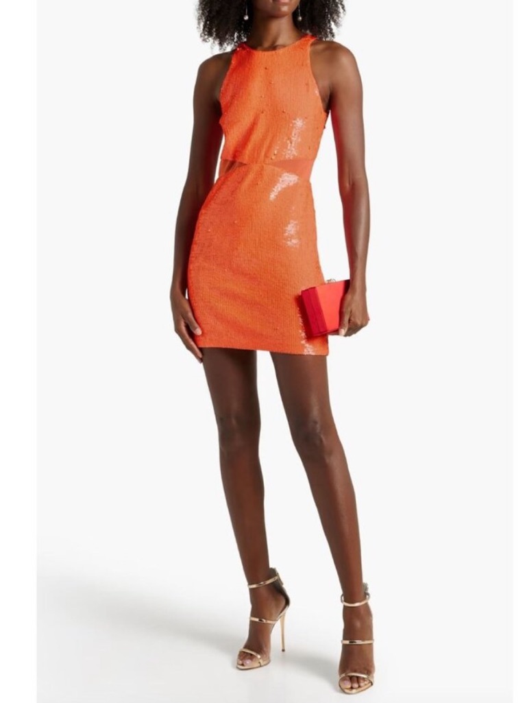 Alice + Olivia Cara Orange Sequin Mesh Cut Out Mini Dress Size 6 Small